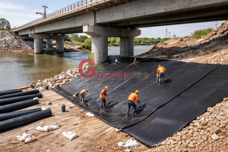 Geomembrană HDPE texturată utilizată pentru impermeabilizarea taluzului și protecția infrastructurii Geomembrană HDPE texturată utilizată în lucrări de infrastructură pentru impermeabilizarea taluzuril
